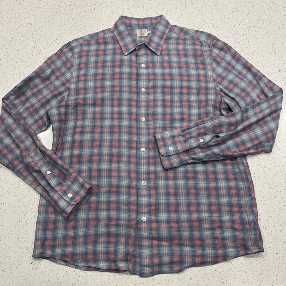 Faherty Shirt Mens Large Pink Plaid Long Sleeve Button Up Stretch Casual
